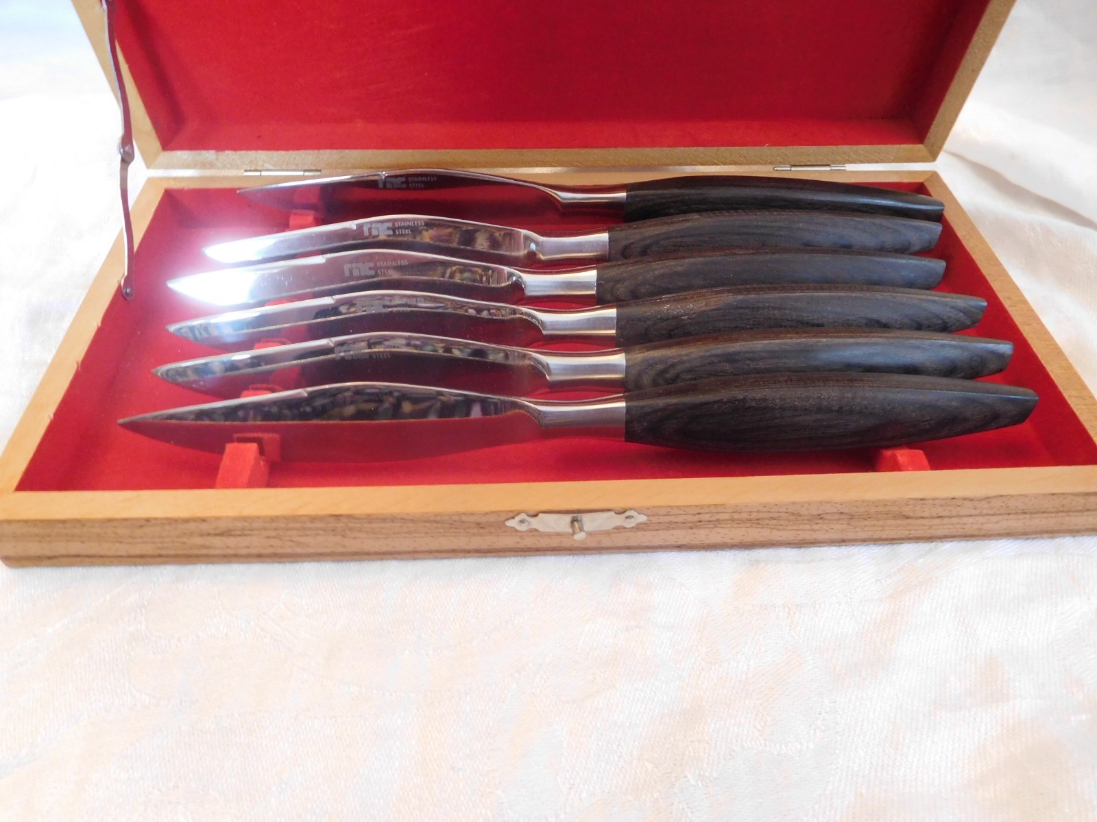 60s VTG MCM Danish Modern 6 PC Japan Stainless Steel Steak Knife Set Wood Box