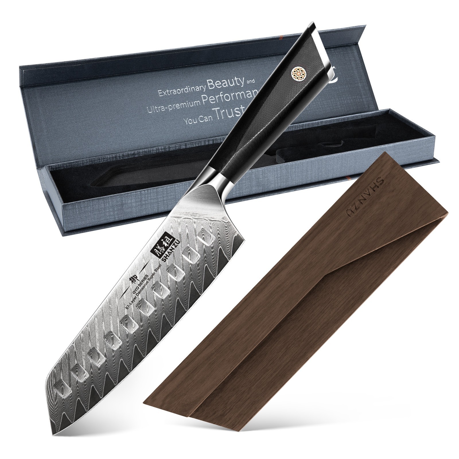 SHAN ZU Damascus Chef Knife 7 Inch Super Sharp Santoku Knife with Wood Sheath