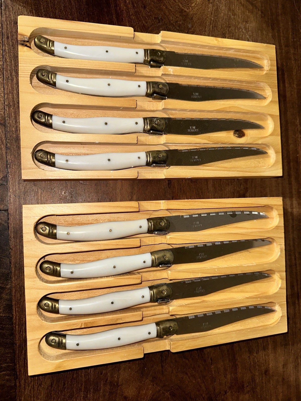 8 Laguiole Inox White Cream Bee Steak Knives Stainless In Wood Boxes