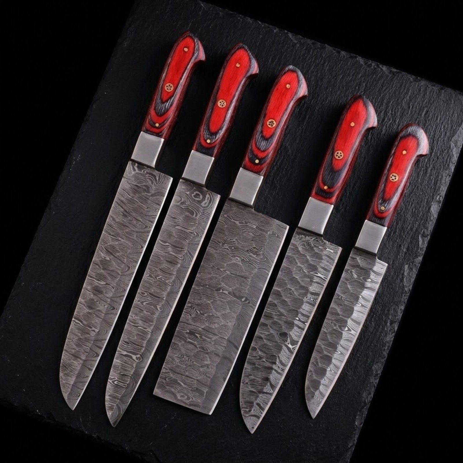 Full Tang Damascus Camp Kitchen Chef Knife Set 5Pc Pakkawood with Suede Roll
