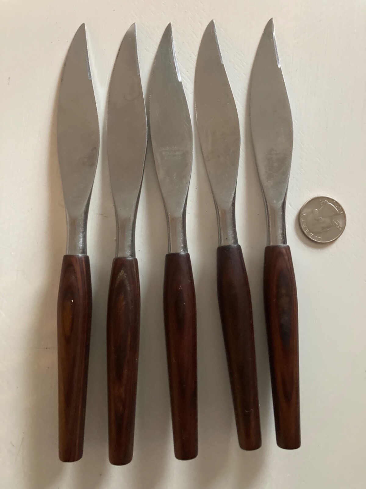 VINTAGE SET 5 MODE DANISH MCM KNIVES TEAK HANDLES ENGLAND 8” SLEEK ATOMIC