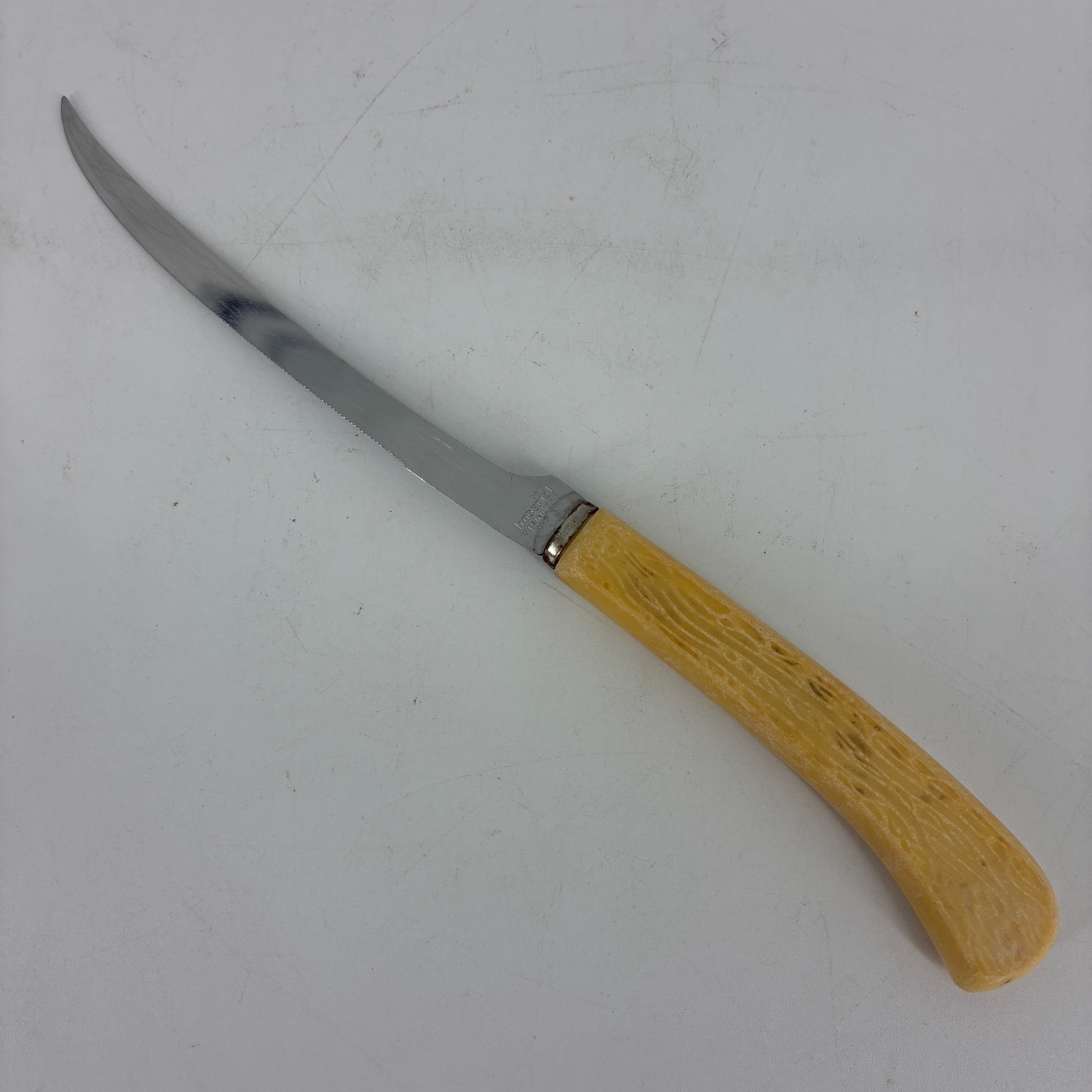 Vintage Imperial Fillet Knife Serrated 5″ Curved Blade Yellow Bakelite Handle