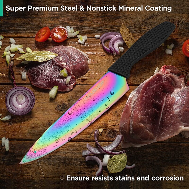 HAUSHOF 5PCS Kitchen Knife Set Rainbow Knife Sets with Arcylic Block for Slicing