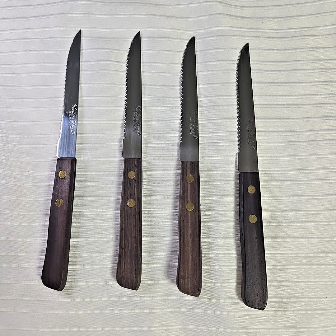 Set of 4 Vintage Hanford Forge Steak Knives Japan Solid Wood Handles