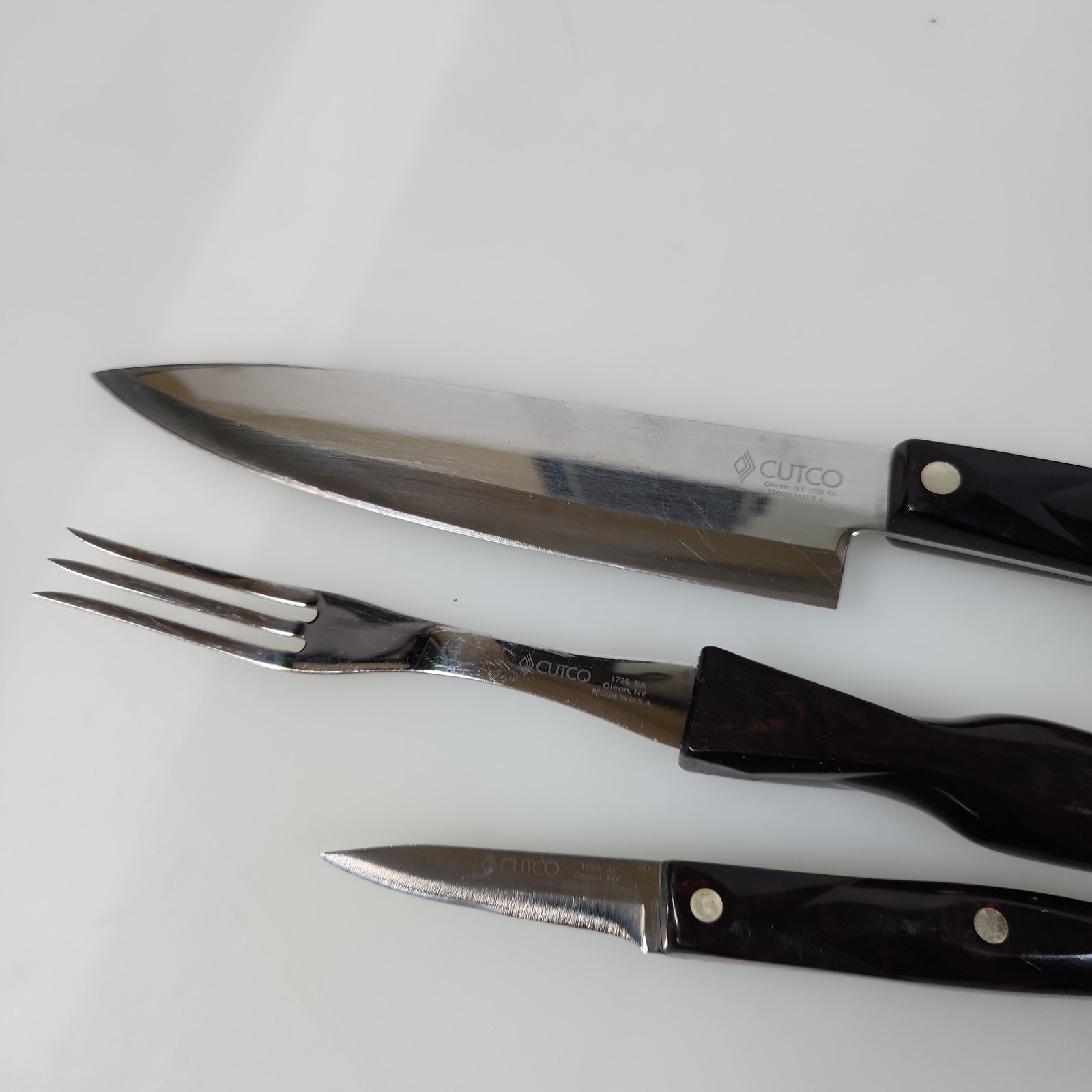 Cutco Knife Lot Of 3 Brown-Swirl, Carving Set 1728 1726 1720 USA Turning Fork