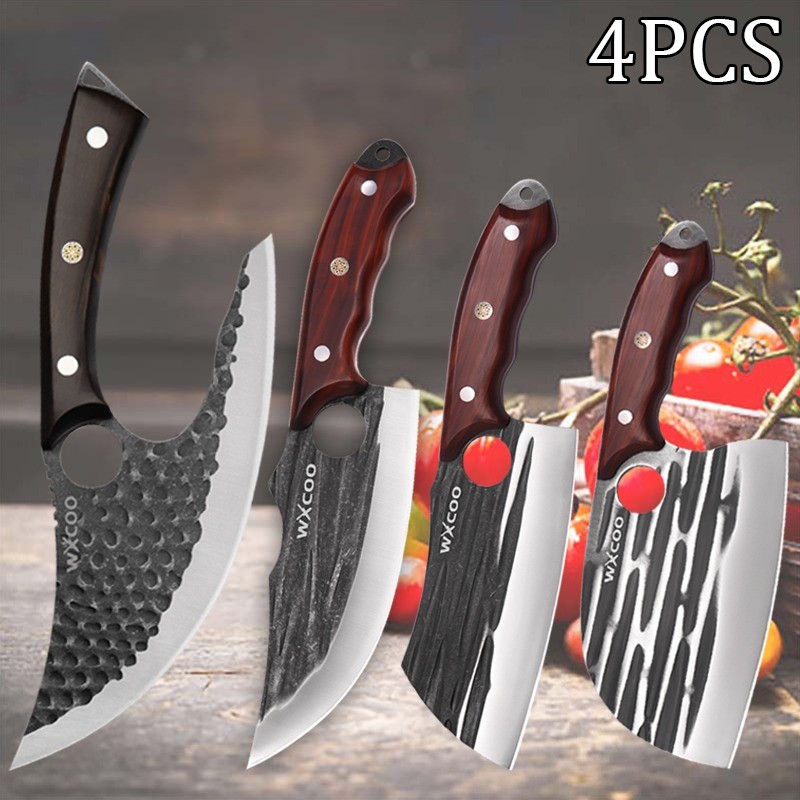 4PCS Stainless Steel Boning Knife Handmade Meat Cleaver Camping Kitchen Knife