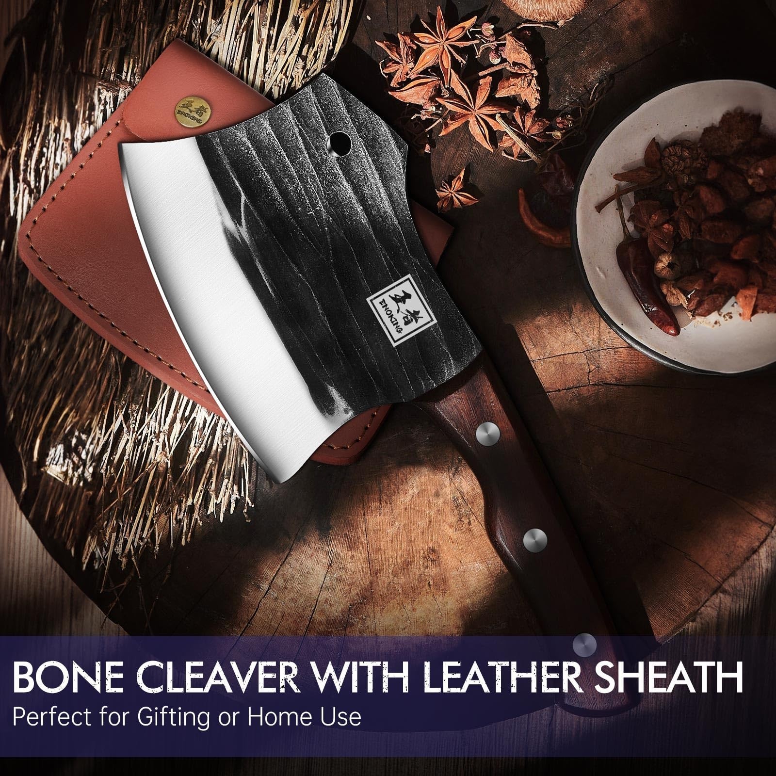 Heavy-Duty 5.7″ Bone Cleaver Knife, Full Tang Butcher Chopper with Leather Sheat