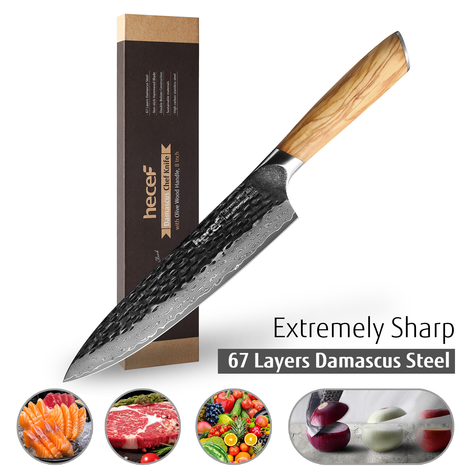 8″ Chef Knife Damascus Professional Extra Sharp Japanese Knife with Wood Handle