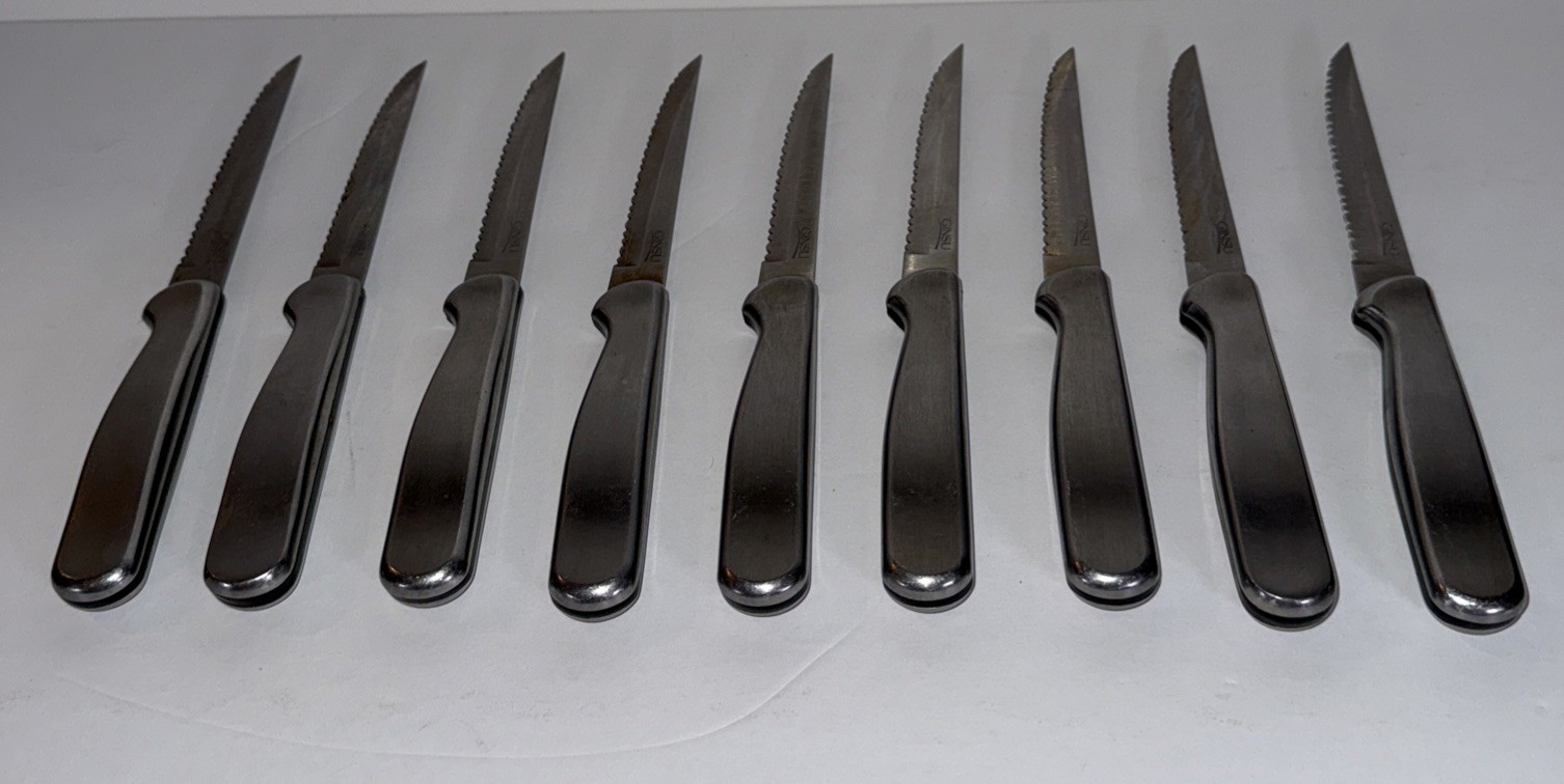 9 Ginsu Heavy Handled Stainless Steel Steak Knives Silver & Black Serrated 8.5”