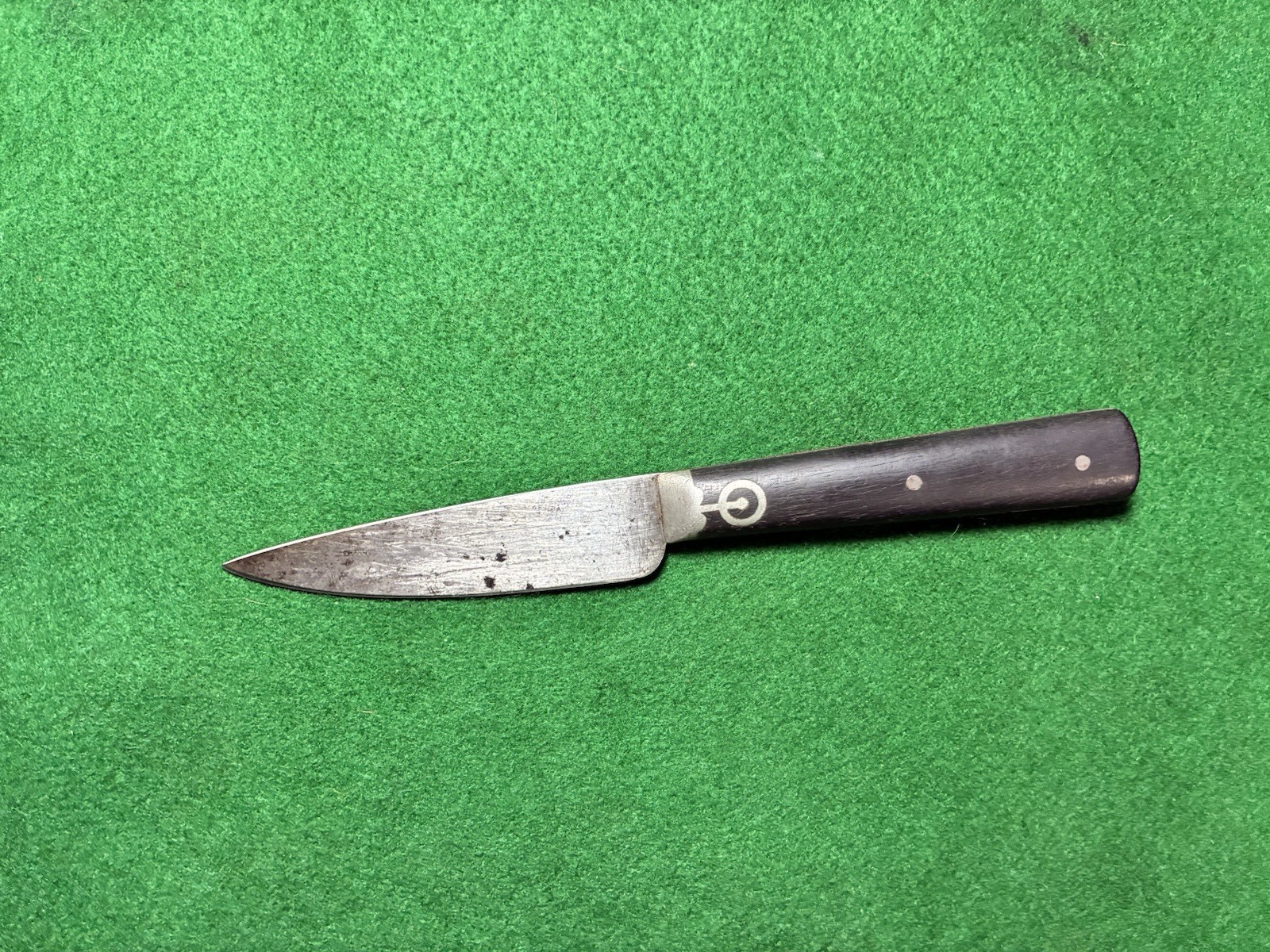 Vintage Late 1800s Carbon Steel Paring Knife Wood Handles Pewter Inlays Bolsters