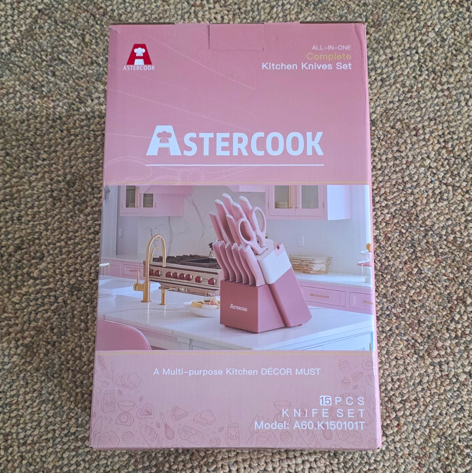 Astercook 15pc Kitchen Knife Block Set w/ Sharpener, Shears Pink A60.K150101T