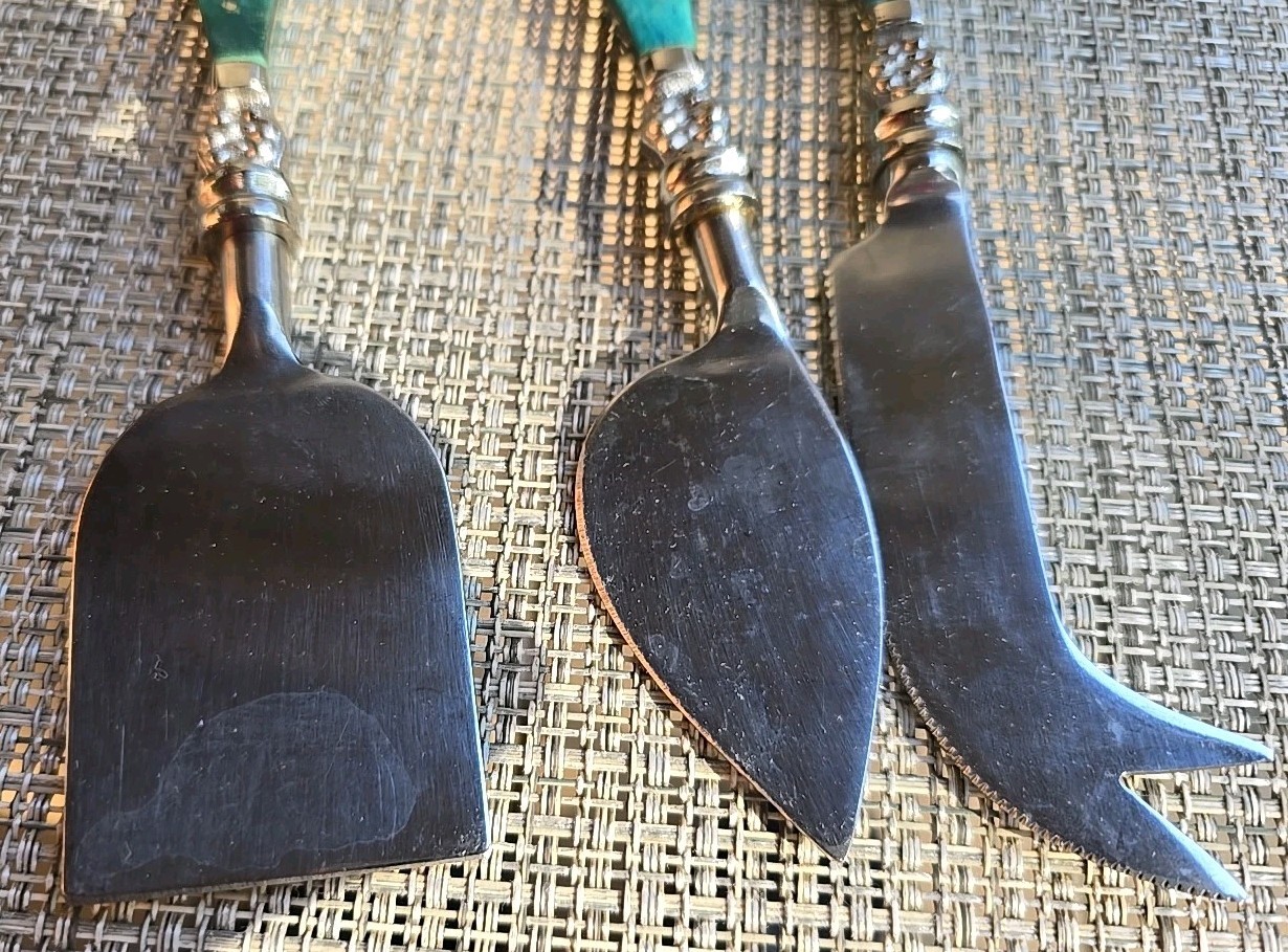 Cutlery Cheese Knife Set Vintage Slicer Spreader 3piece Teal Handles Stainless