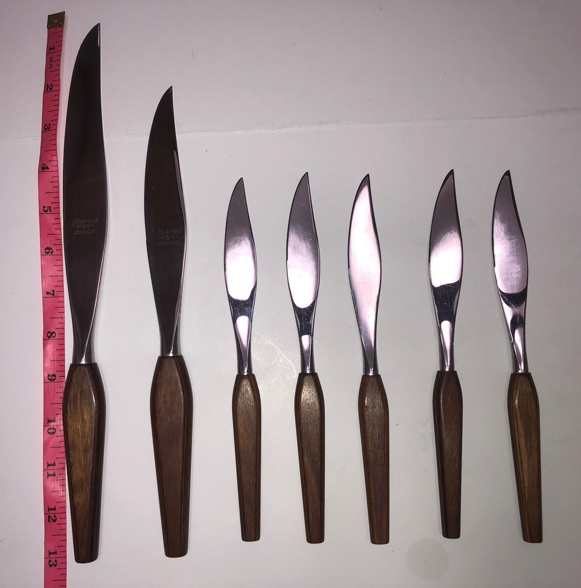 Vintage MCM Fleetwood Teak Handles 5 Pc Steak Knife & 2 Carving Knife Set