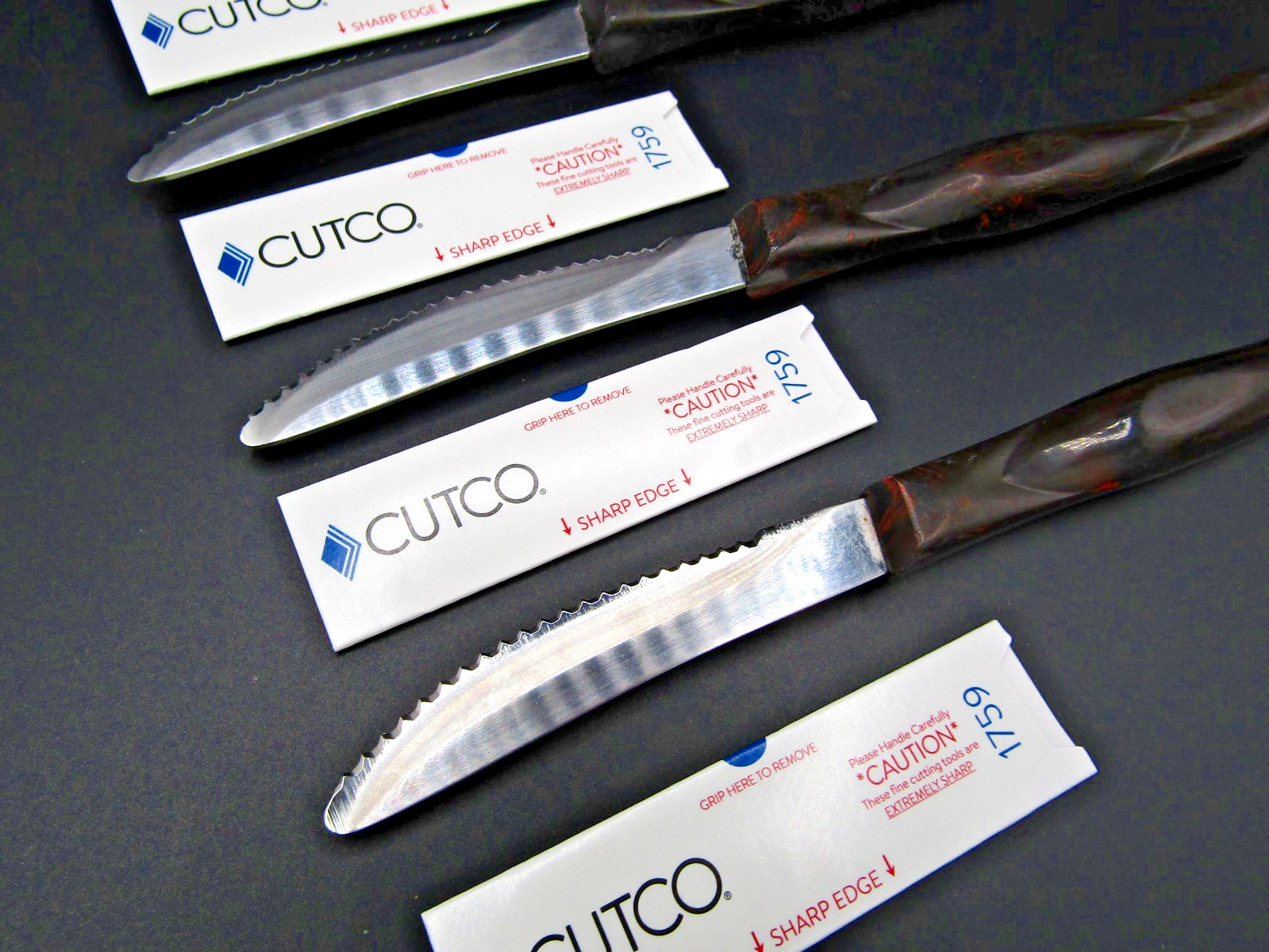 Quality Cutco x4 Lot Table 1759 A78 Serrated Knives Orange Swirl Handle Serviced