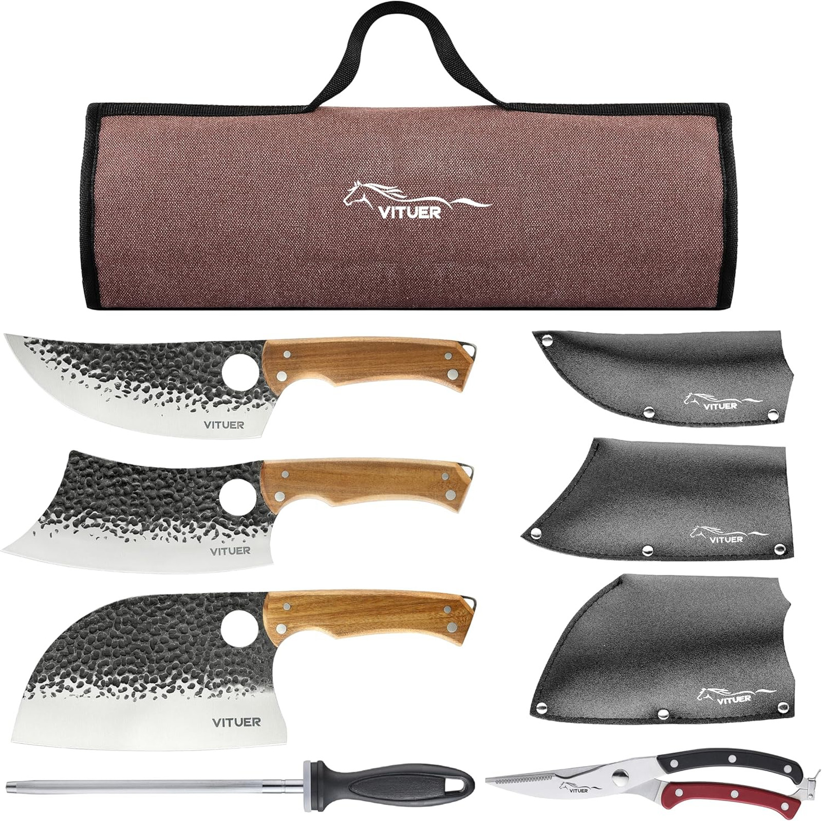 Butcher Knife Set 9 Pieces with Honing Steel and Sheaths, 7 Inch Meat Cleaver
