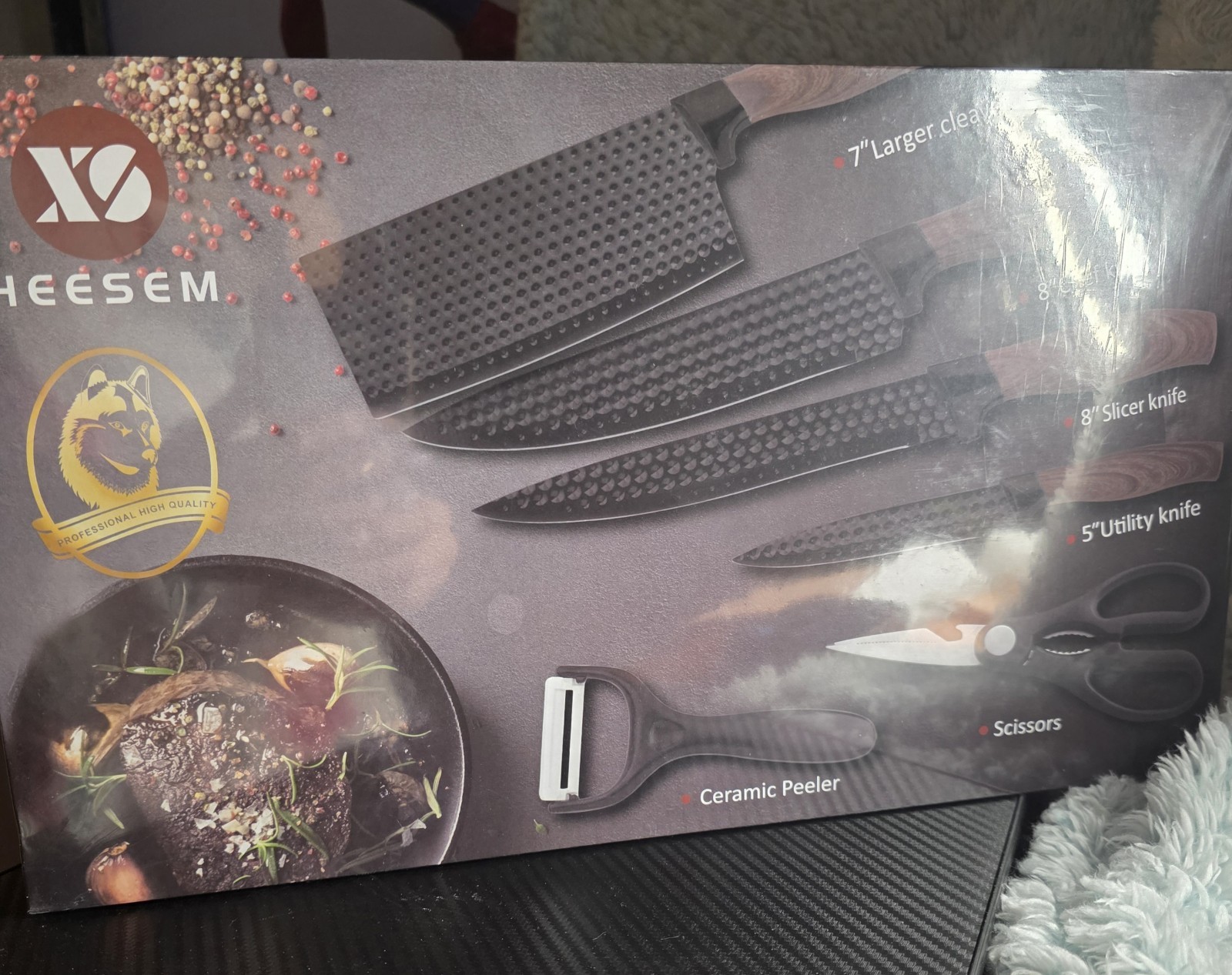 HEESEM 6PC Black Kitchen Knife Set with gift box NEW