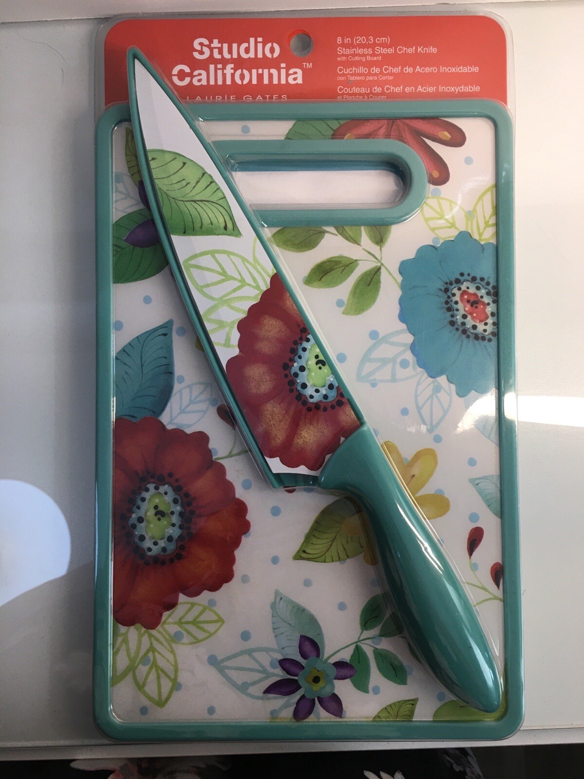 8″ Stainless Steel Chef Knife, Sheath + Cutting Board, Teal Floral Design NEW