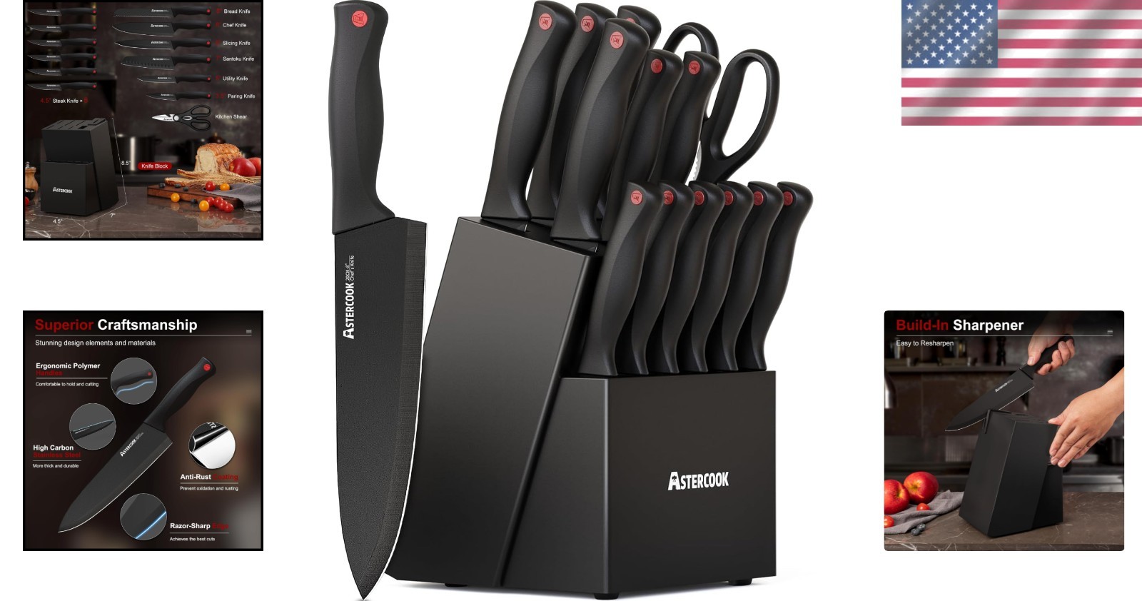 Astercook 15-Piece Multipurpose Knife Set – Rust-Free, Sharp, Dishwasher Safe