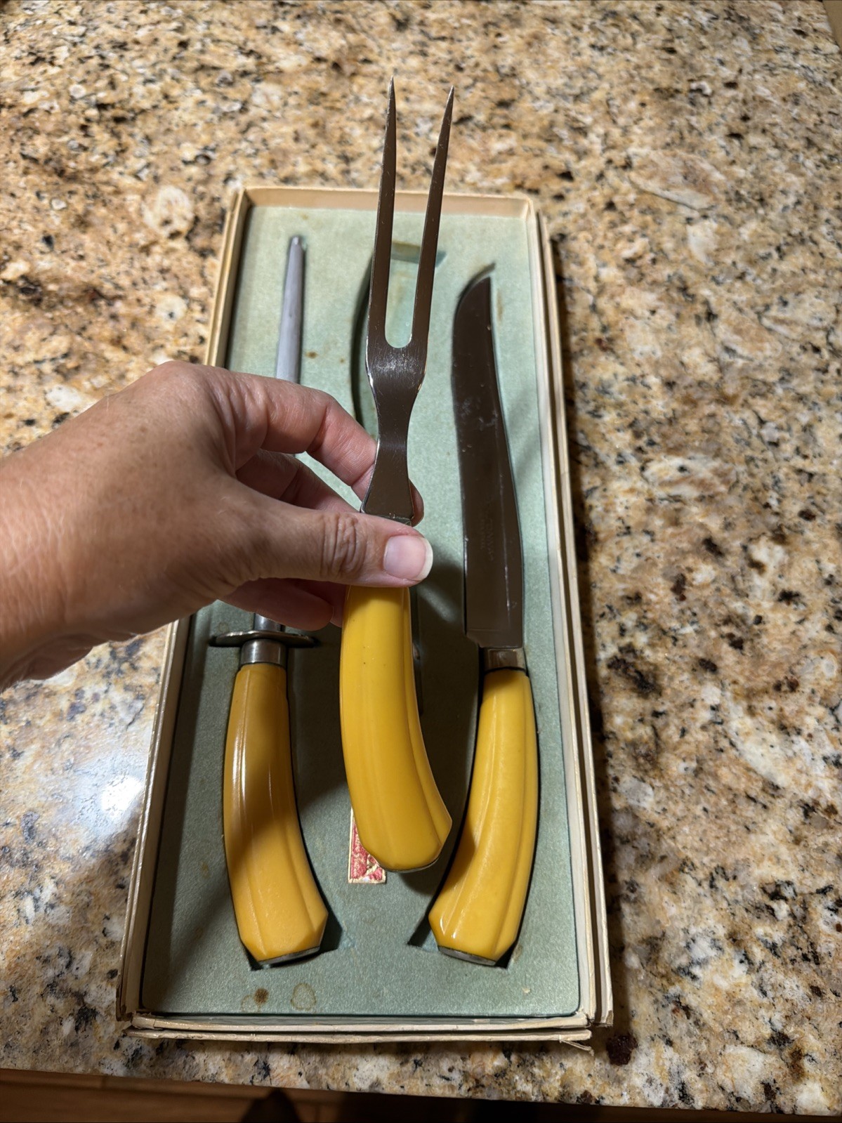 Vintage Personna Carving Set W/ BAKELITE Handles Knife/Fork & Sharpener In Box