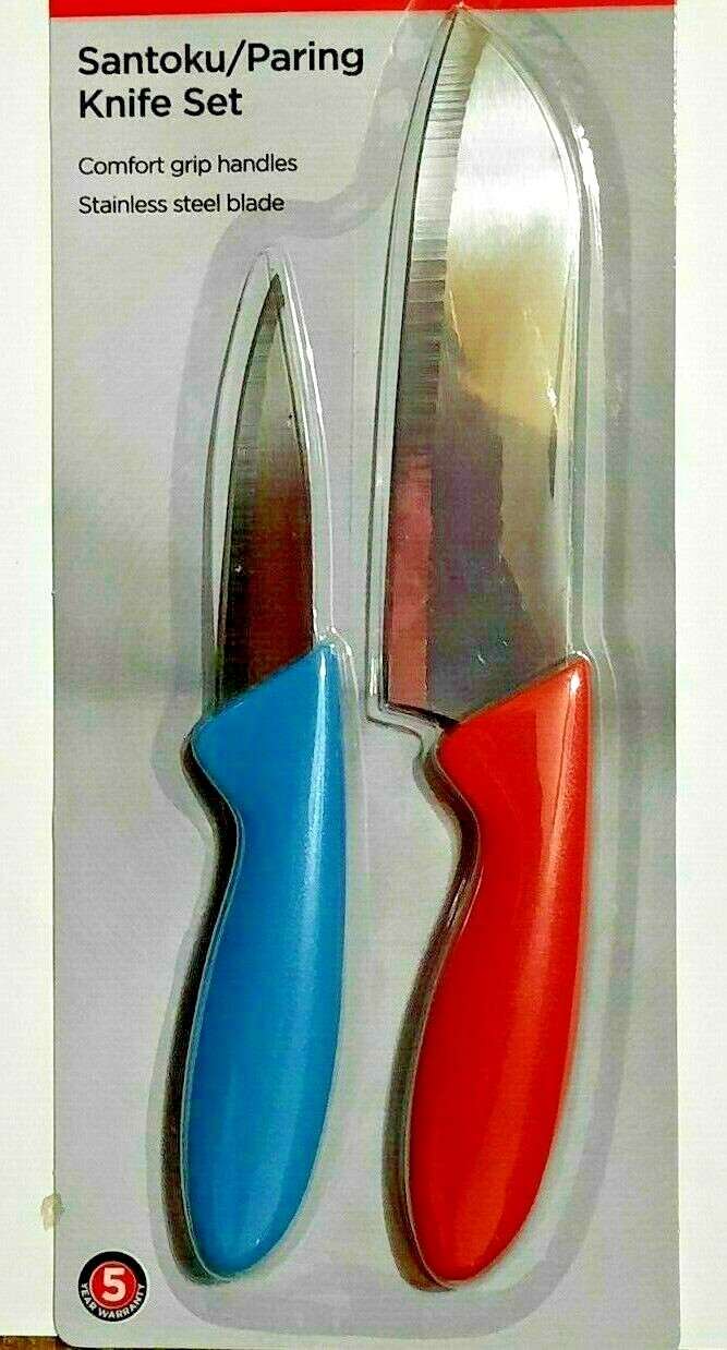 Santoku/Paring Knife Set Comfort Grip Handles Stainless Steel Blade Red & Blue
