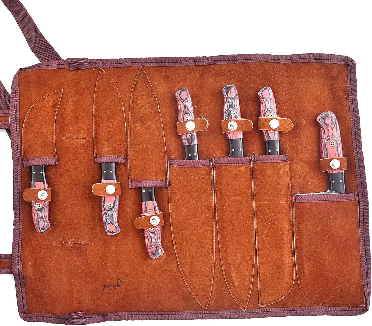 Stainless Steel Damascus Kitchen Knife Set 7 Piece for Chef Leather Roll Bag 136