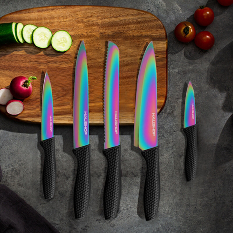 HAUSHOF 5PCS Kitchen Knife Set Rainbow Knife Sets with Arcylic Block for Slicing