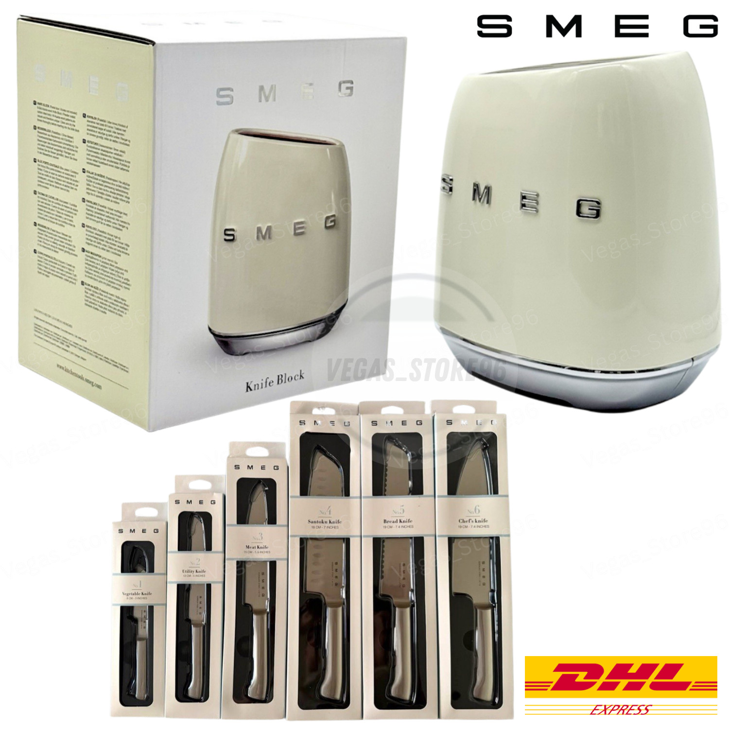 Smeg Knife Block Set 7pcs Stainless Steel Color Cream– Fast Ship Via DHL EXPRESS