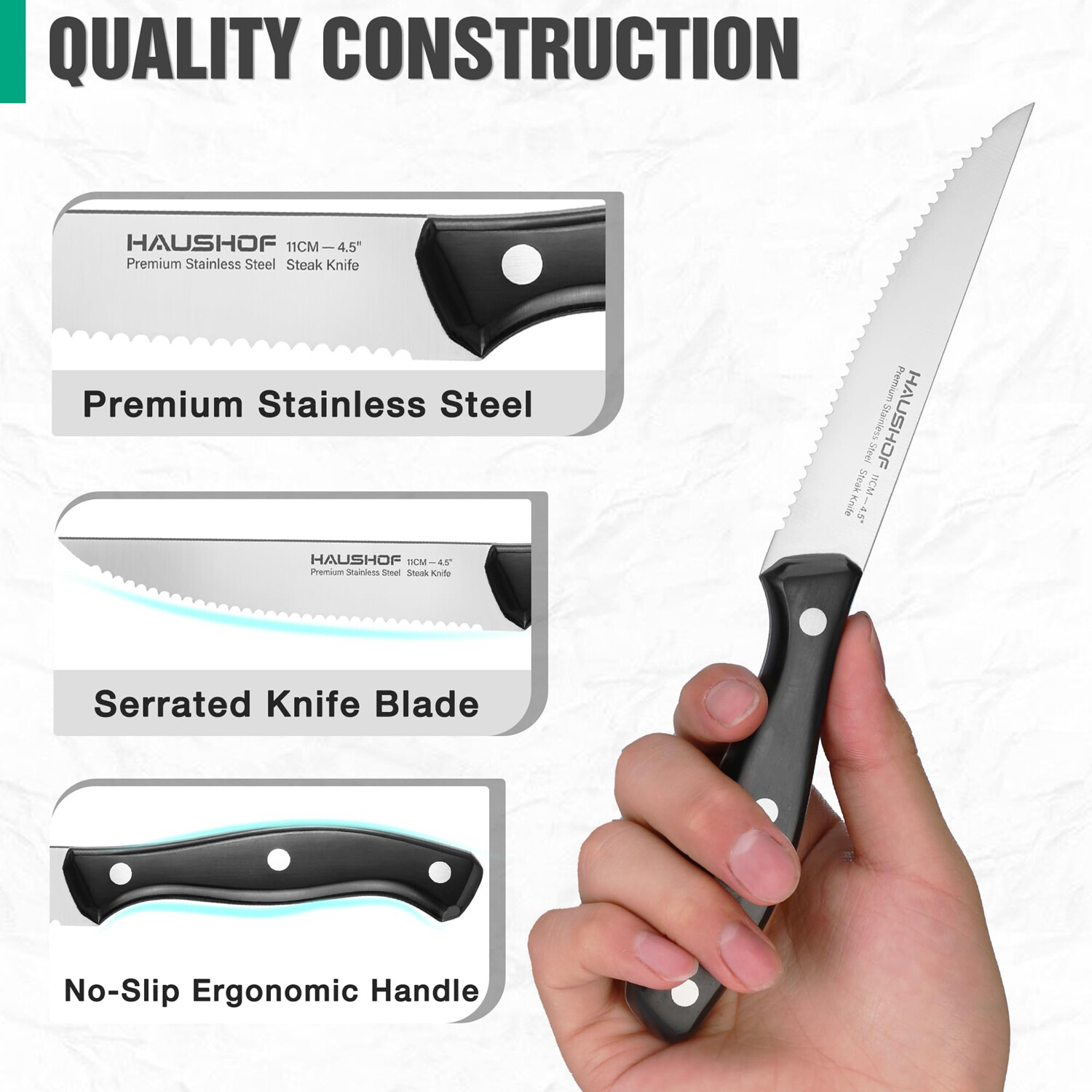 HAUSHOF 8PCS 9″ Steak Knives Set Serrated Full Tang Blade Stainless Steel Knives