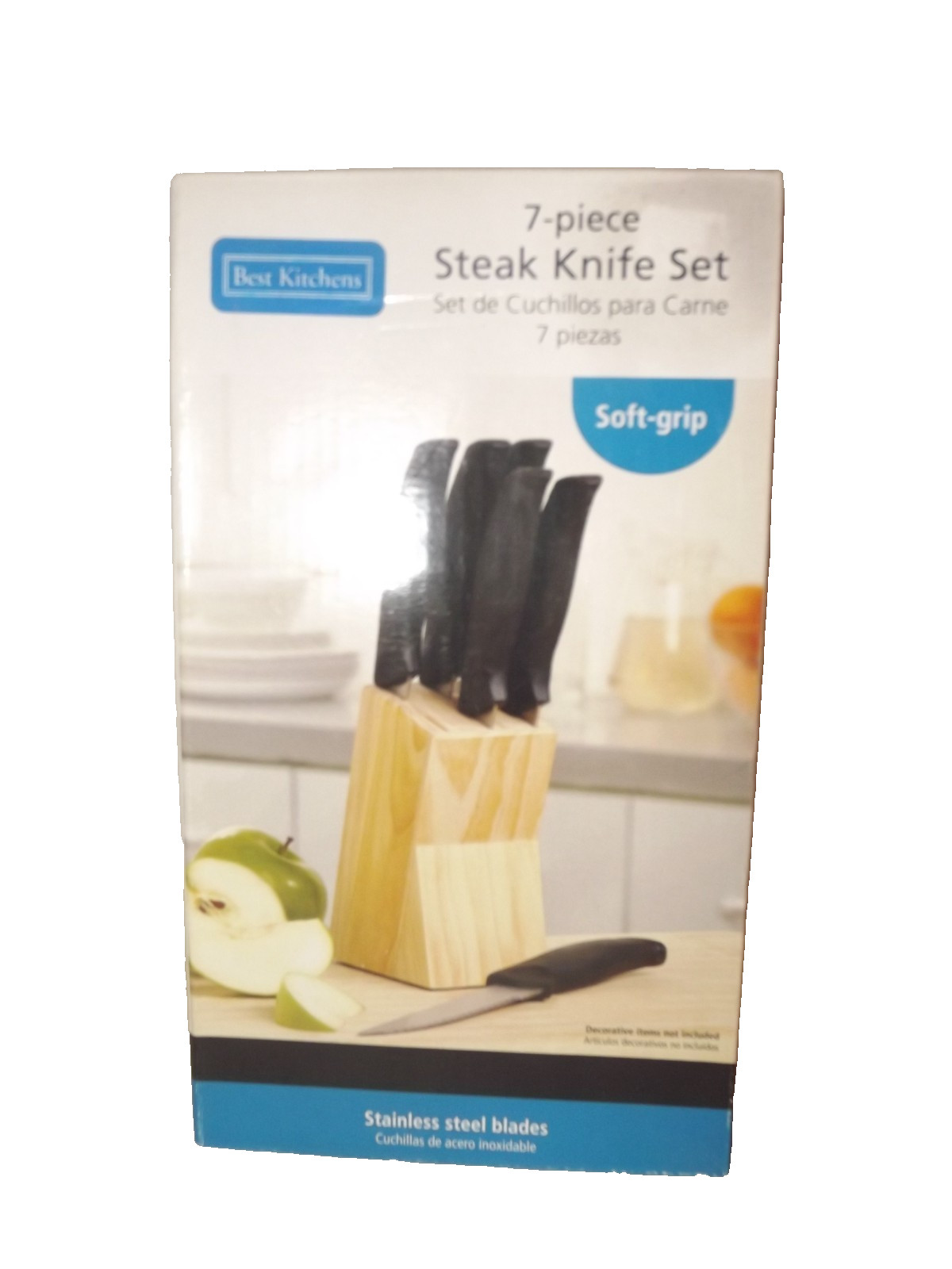 Best Kitchens 7 PC Steak Knife Set Soft Grip Stainless Steel Blades Wooden Block