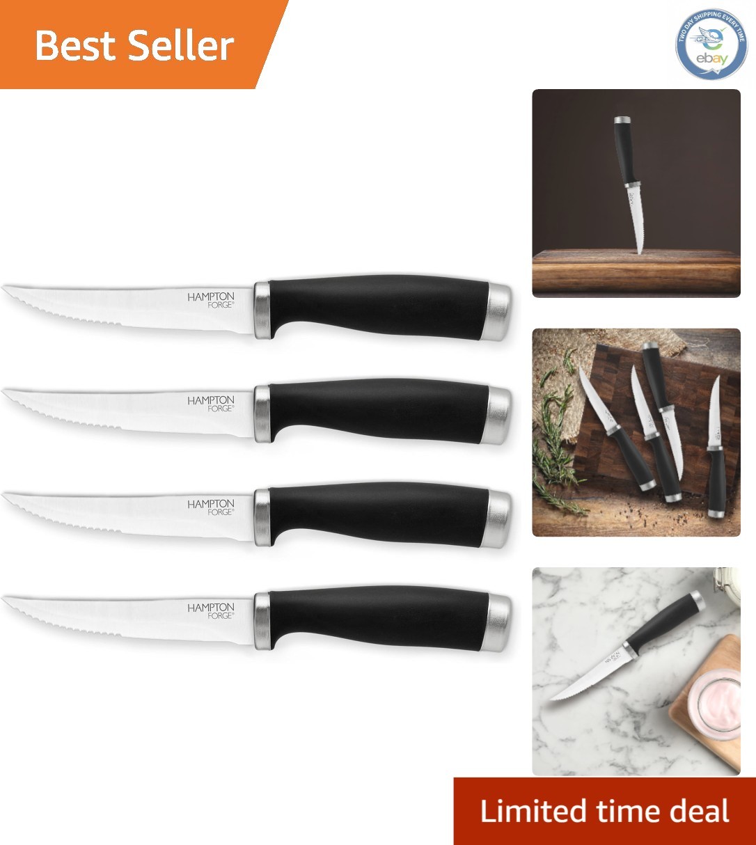 Stainless Steel Steak Knives – 4-Piece Ergonomic Set – Silver & Black