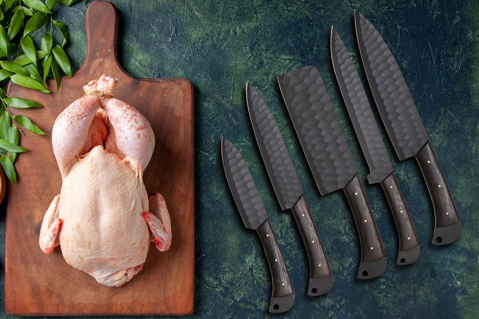 Handmade Steel BBQ Kitchen Chef knife set with leather roll bag, best gift.