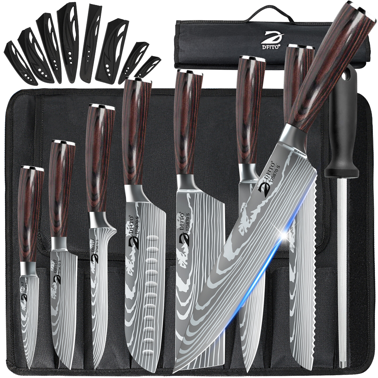 9PCS Kitchen Steak Knives Japanese Damascus Pattern Stainless Steel Chef Knife