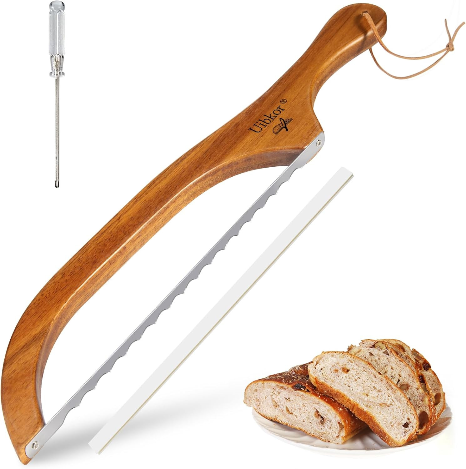 Wooden Bread Bow Knife, 16″ Serrated Sourdough Cutter, Premium Stainless Steel S