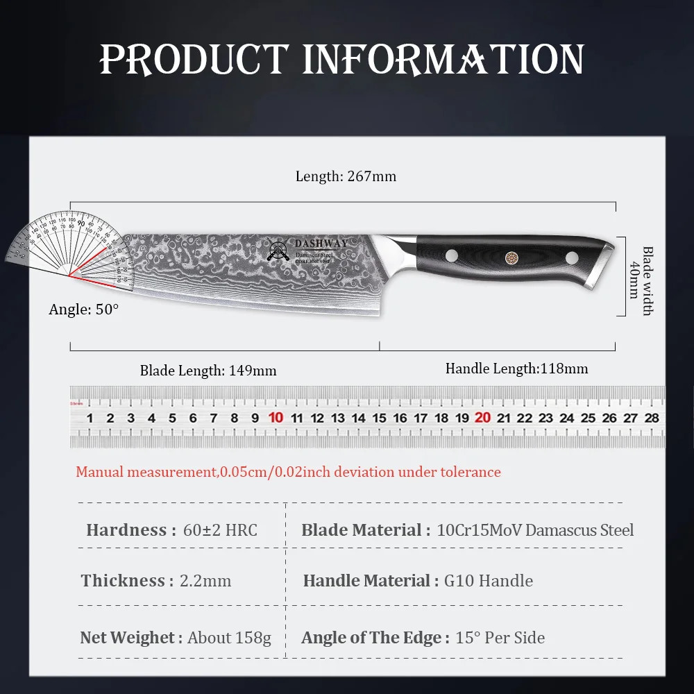 DASHWAY 6″ Bunka Chef Knife Damascus Steel 67-Layer Japanese Kitchen Knife G10