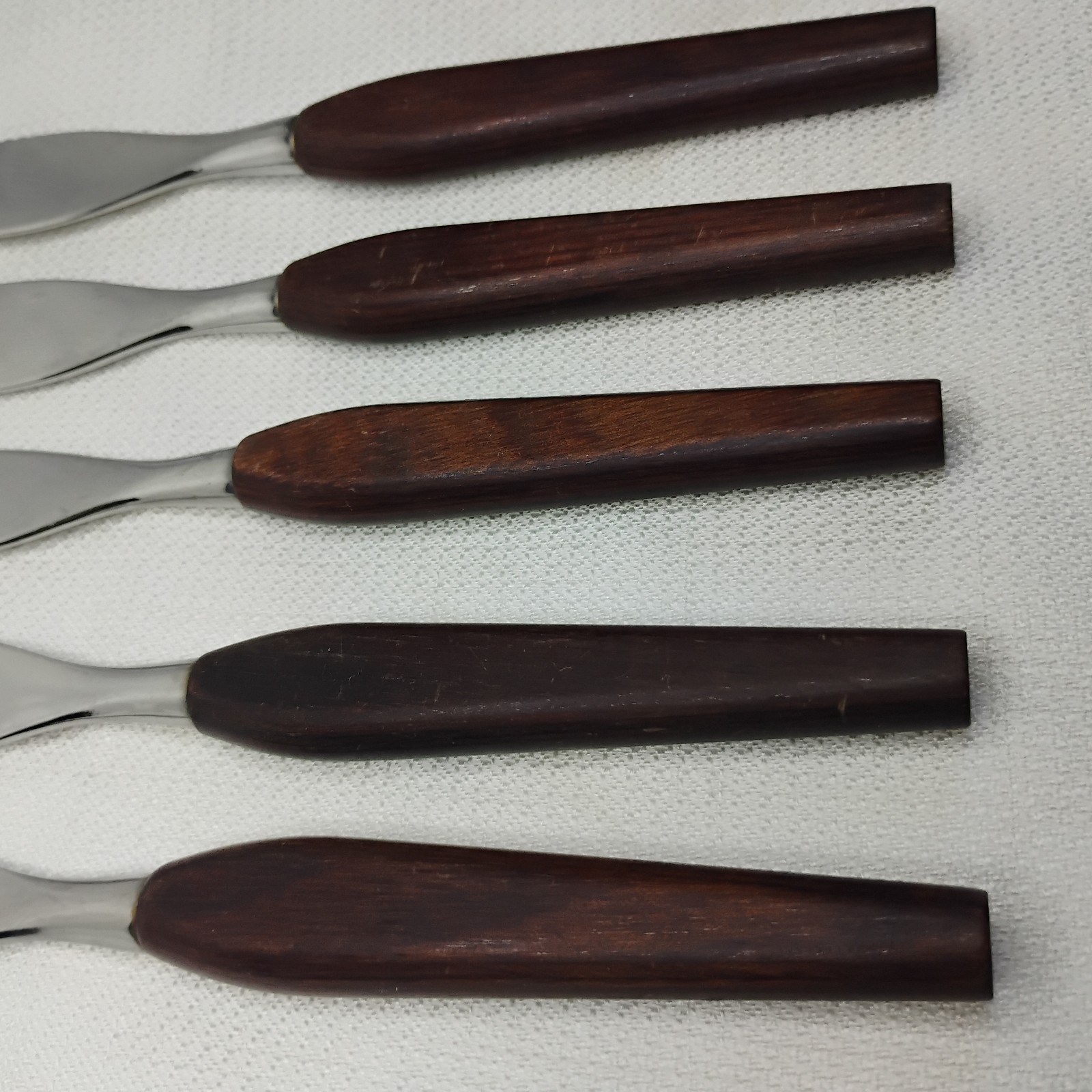 Vintage Teak Wood Fleetwood Designs Stainless Steak Knives Set of 5 8.25″ MCM