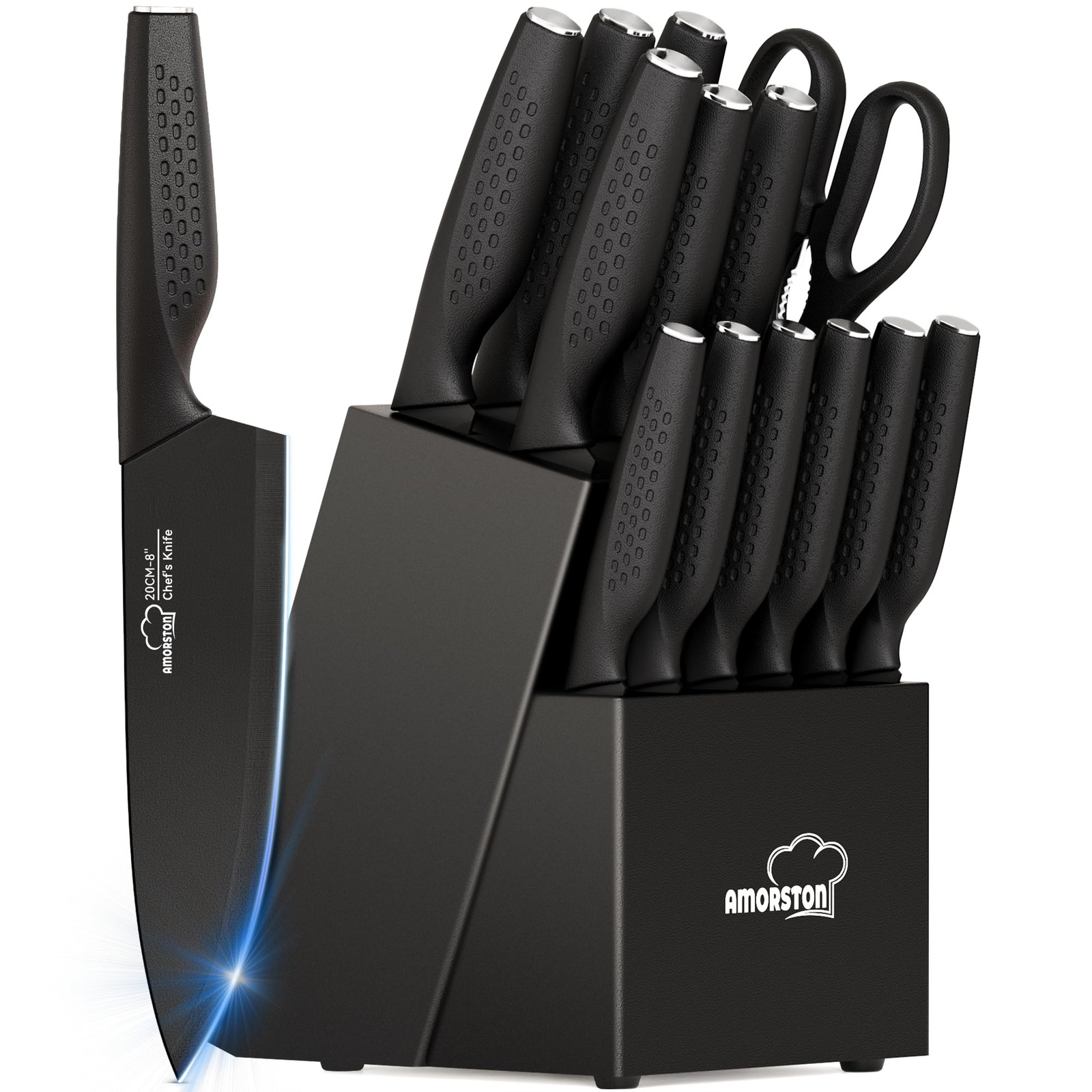 Knife Set, 15 Pieces Kitchen Knife Set with Block Built in Sharpener, Dishwas…