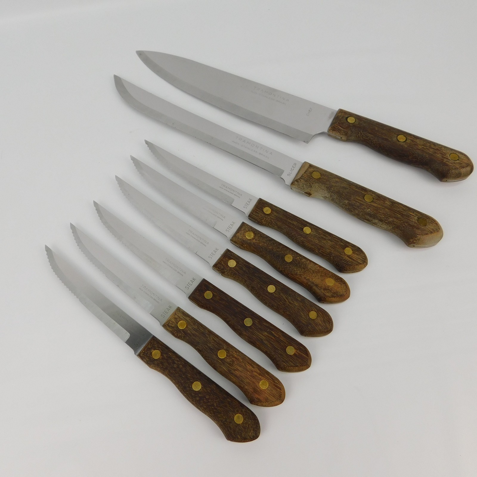 LOT OF 8 Tramontina Chef , Slicer, & 6 Steak Knives Carbon Stainless Steel Blade