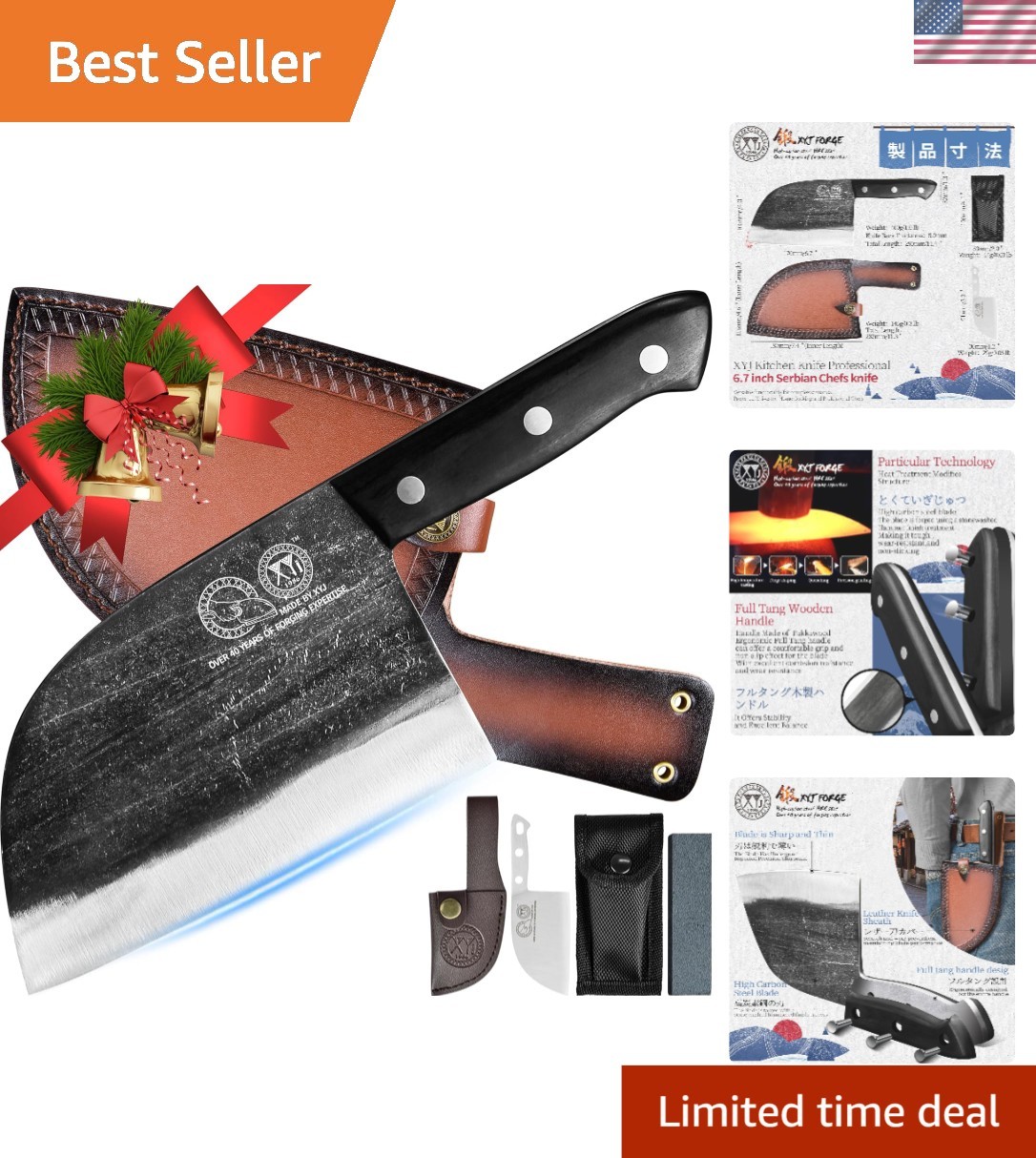 Durable Full Tang Serbian Chef Knife – 6.7 Inch Black & Silver Blade with Sheath