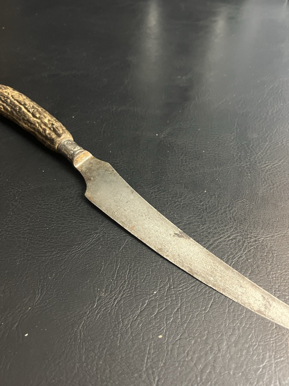 VTG Antique Large Carving Knife Stag Antler Handle Sheffield Banded Decoration