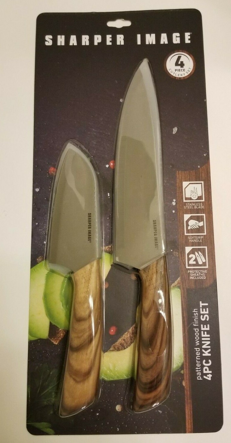 Sharper Image 4-Piece 8″ CHEF & 4.5″ SANTOKU Dark Wood Finish Knife Set + Sheath
