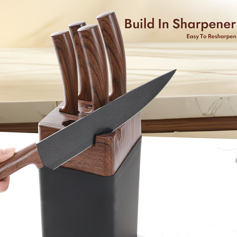 Kitchen Knife-Set with Rack Block- 7pcs Chef Bread Utility Knives Scissor
