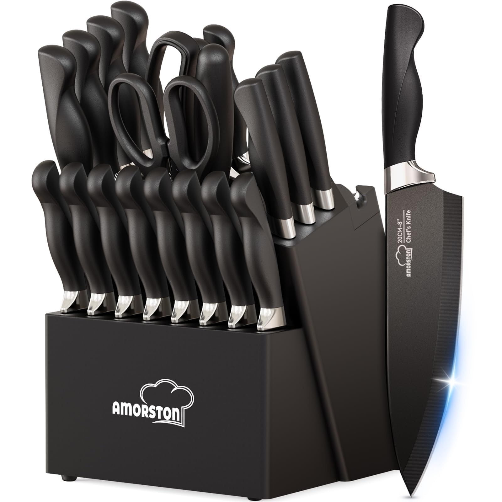 Knife Set, Amorston 21 Pieces Kitchen Set with Block and Sharpener, Ultra-Sharp