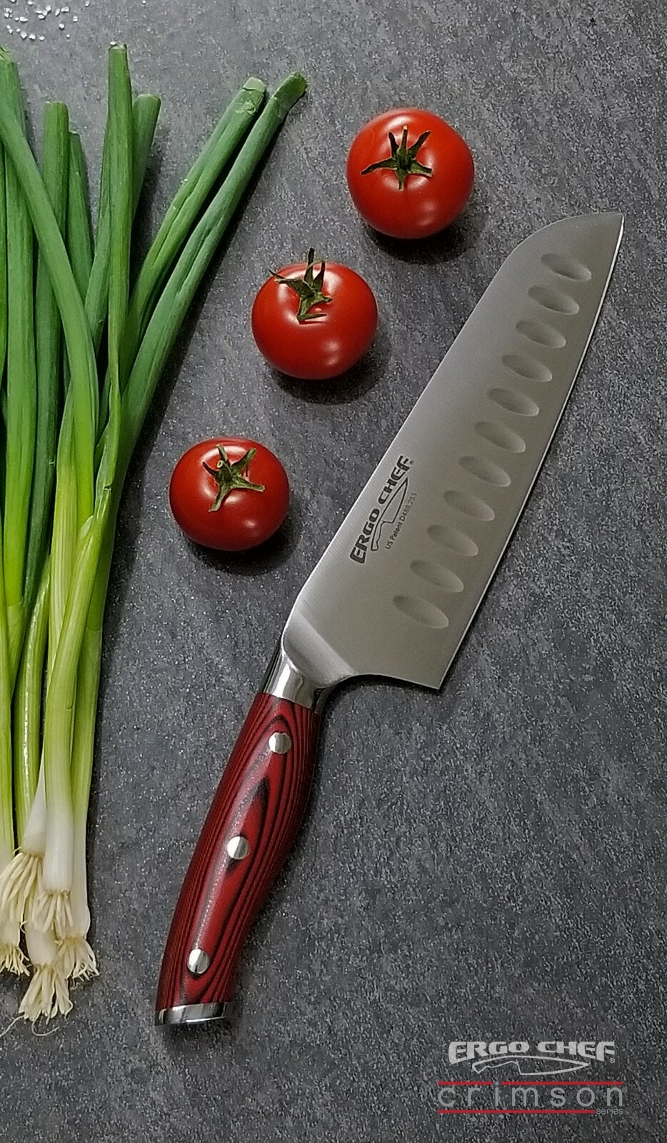 Ergo Chef Crimson Series 7″ Santoku Knife German Steel G10 Handle Granton Edge