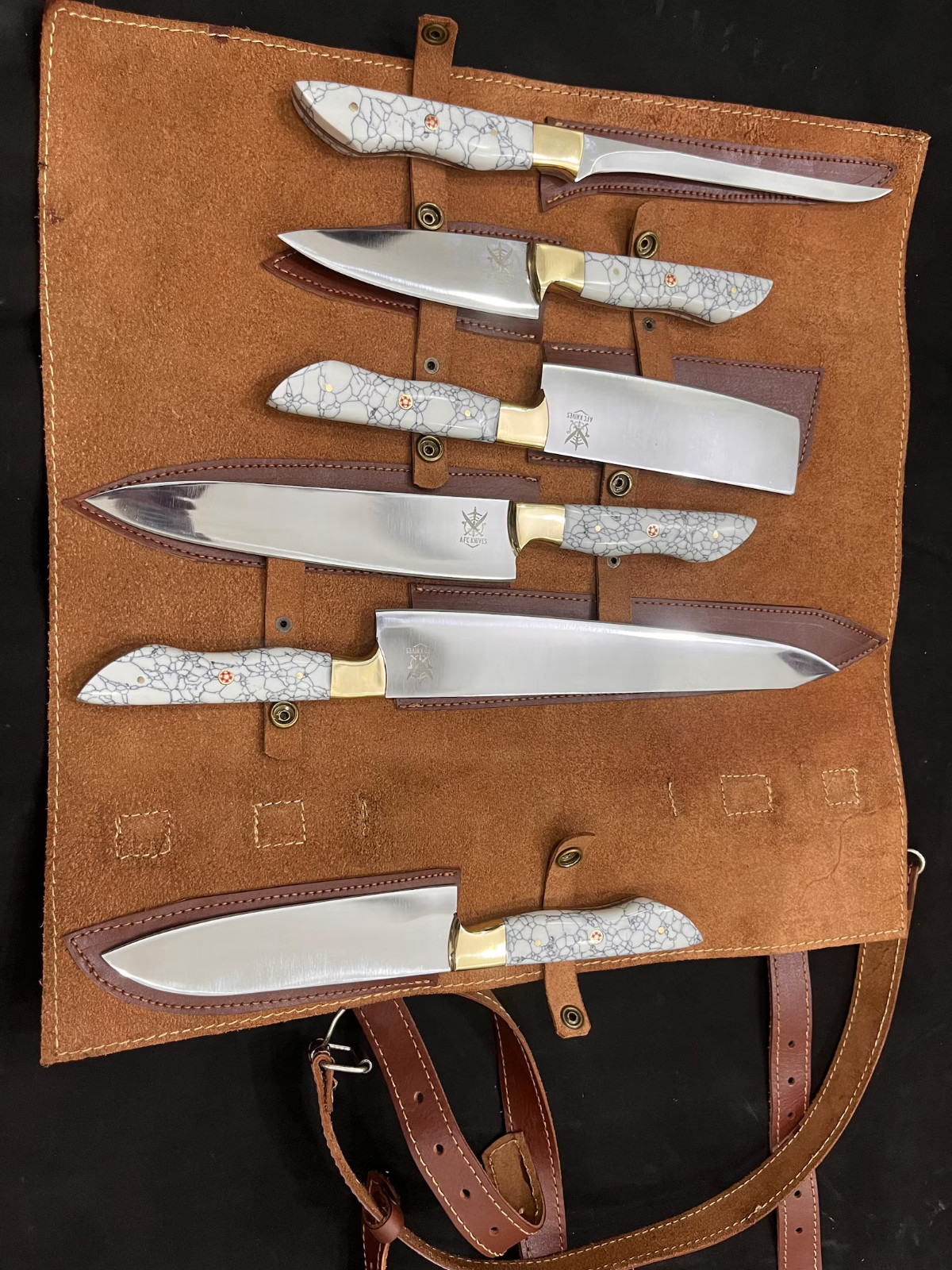 Handmade Japanese 6Pcs Chef Kitchen Knife Set White Stone Handles &Leather Roll