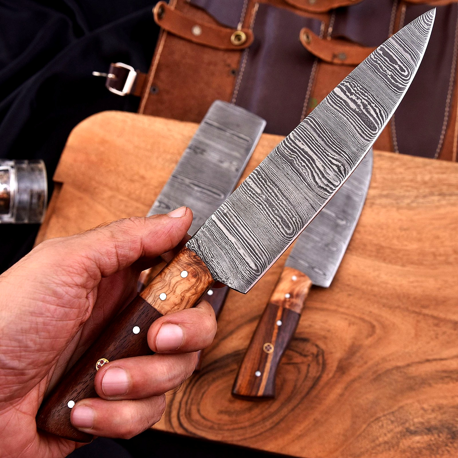 Custom Hand Made Forged Damascus Steel Chef Knife Set Kitchen Knives 1590