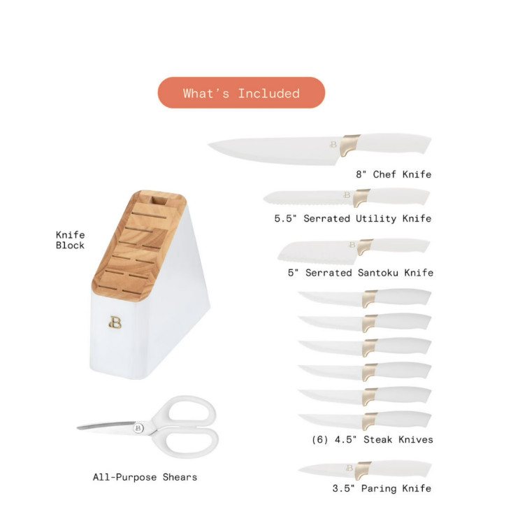 Beautiful 12 Piece Knife Block Set with Soft-Grip Ergonomic Handles White and Go