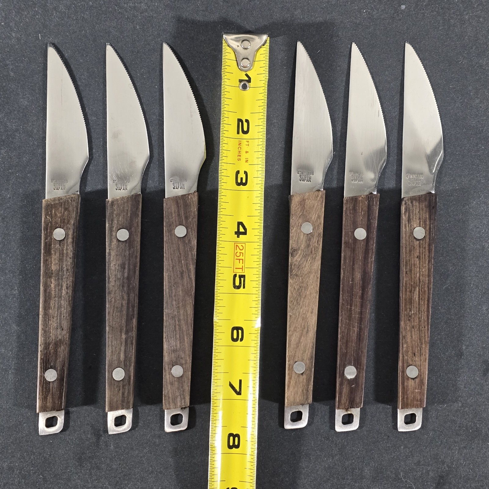 Vintage Newco Newtonia Japan Teak & Stainless Steel Handle Steak Knives Set Of 6