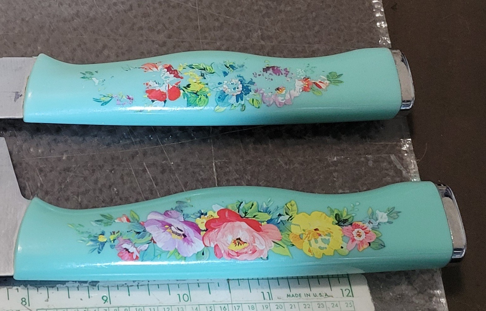 Pioneer Woman Teal Floral Sweet Romance 8″ Chef & 4″ Paring Knife & Blade Guards