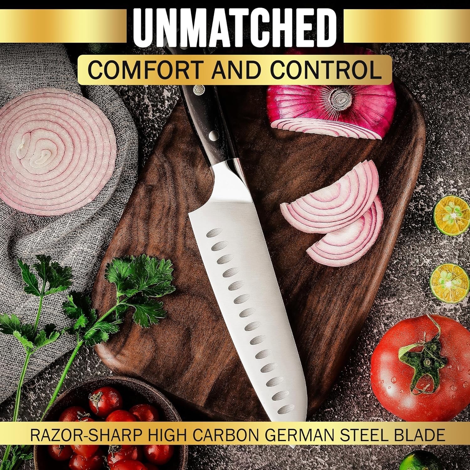 Slice Series 7-Inch Santoku Knife – High Carbon German Steel, Leather Sheath