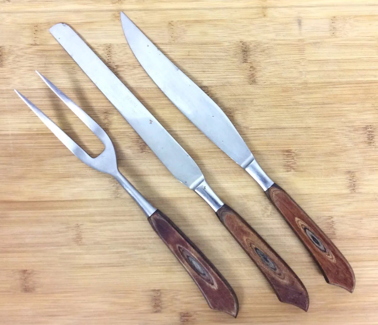 Vintage Carving Set Wood Handle 3 Piece Knives Fork Stainless Steel Japan